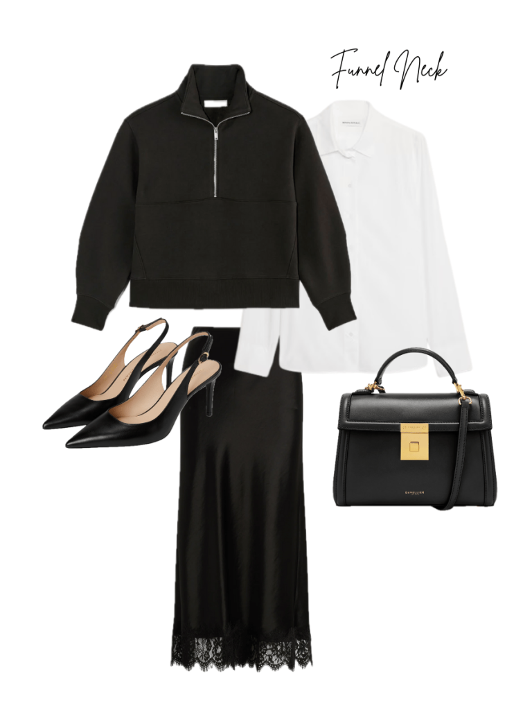 Collage featuring the elements of a complete outfit that incorporates a trending funnel neck sweater.