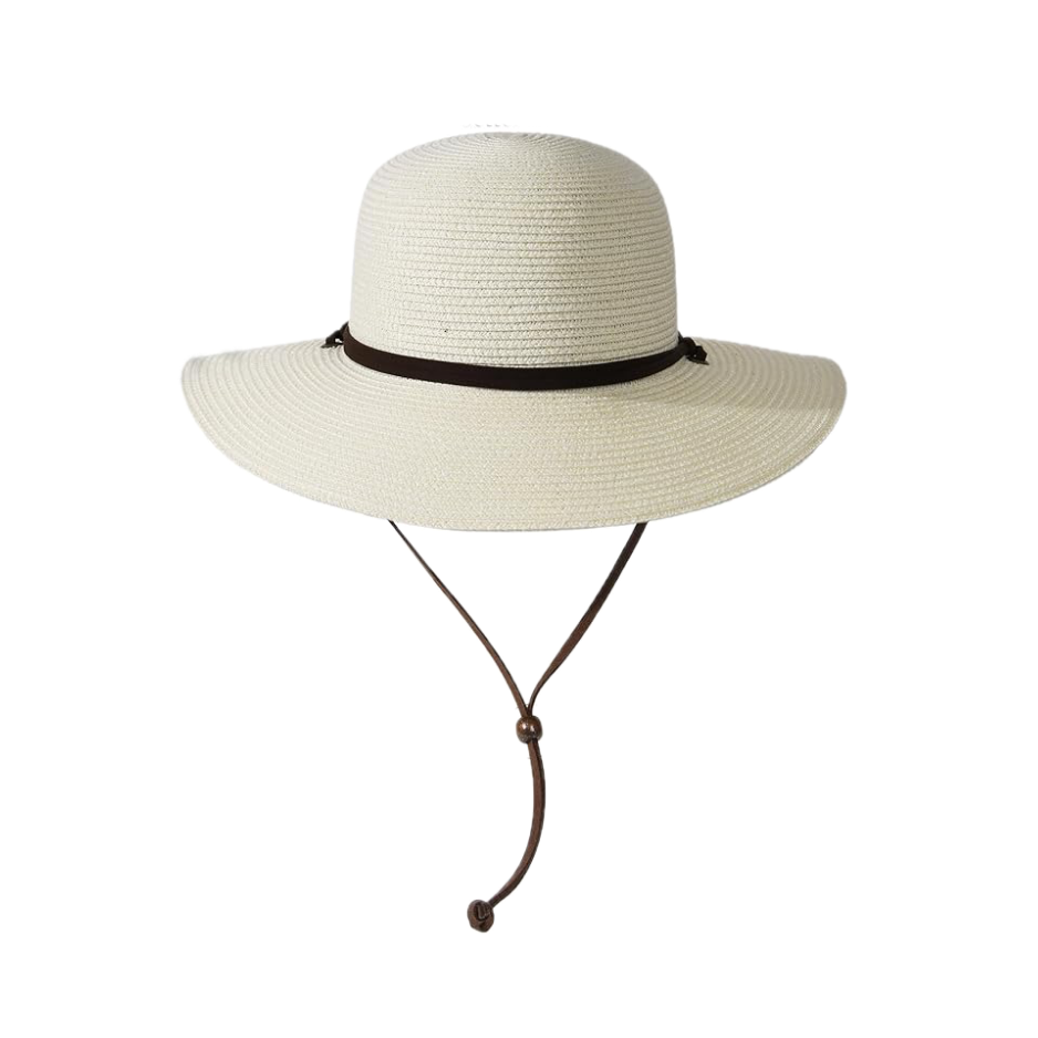 Cream wide-brim woven straw sun hat with dark brown band and adjustable chin cord — wide brim sun hat, classic summer hat, UV protection straw hat
