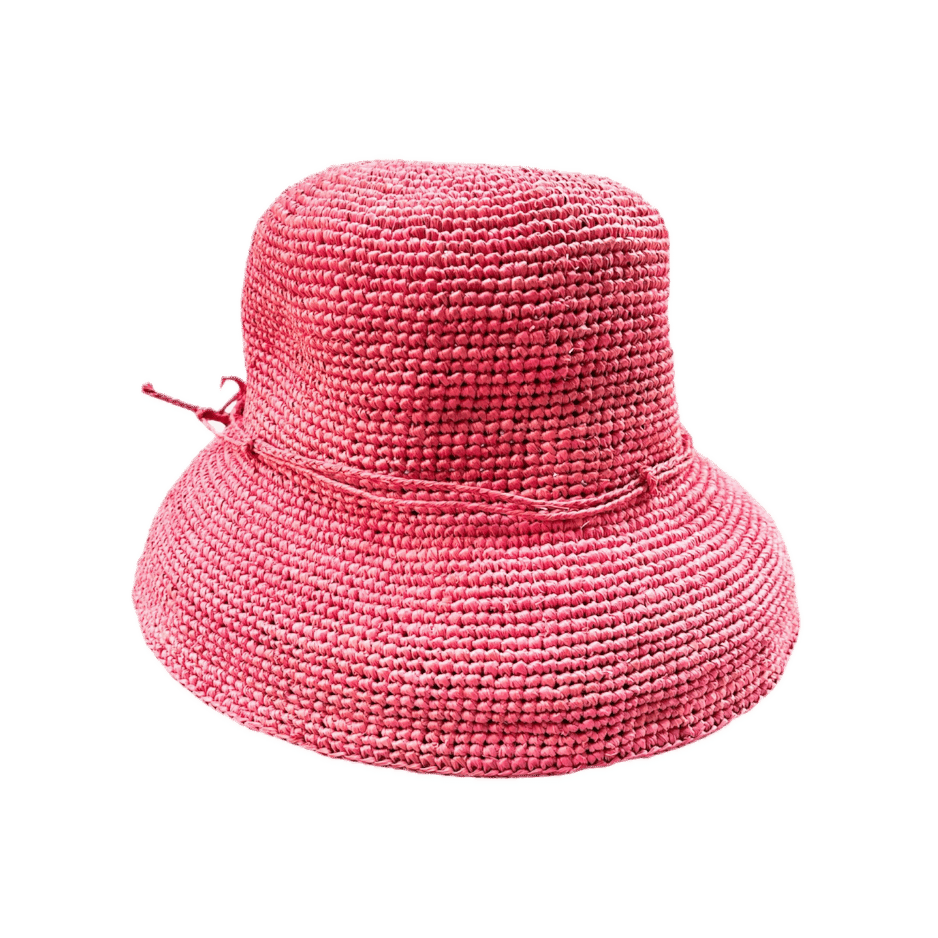 Hot pink crochet raffia bucket hat with tonal bow detail — pink raffia bucket hat, summer beach hat, colorful sun hat