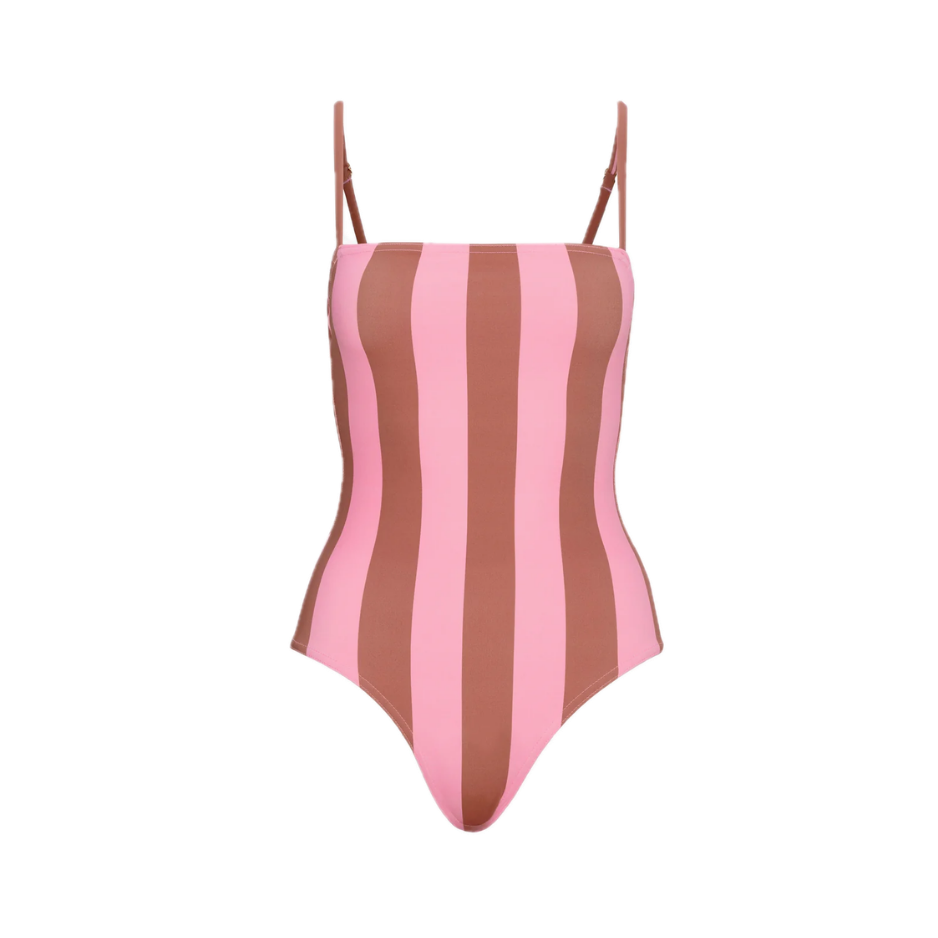 Hill House pink and brown vertical stripe one-piece swimsuit with square neckline and thin straps — striped one-piece swimsuit, classic summer swimwear, elevated swim style