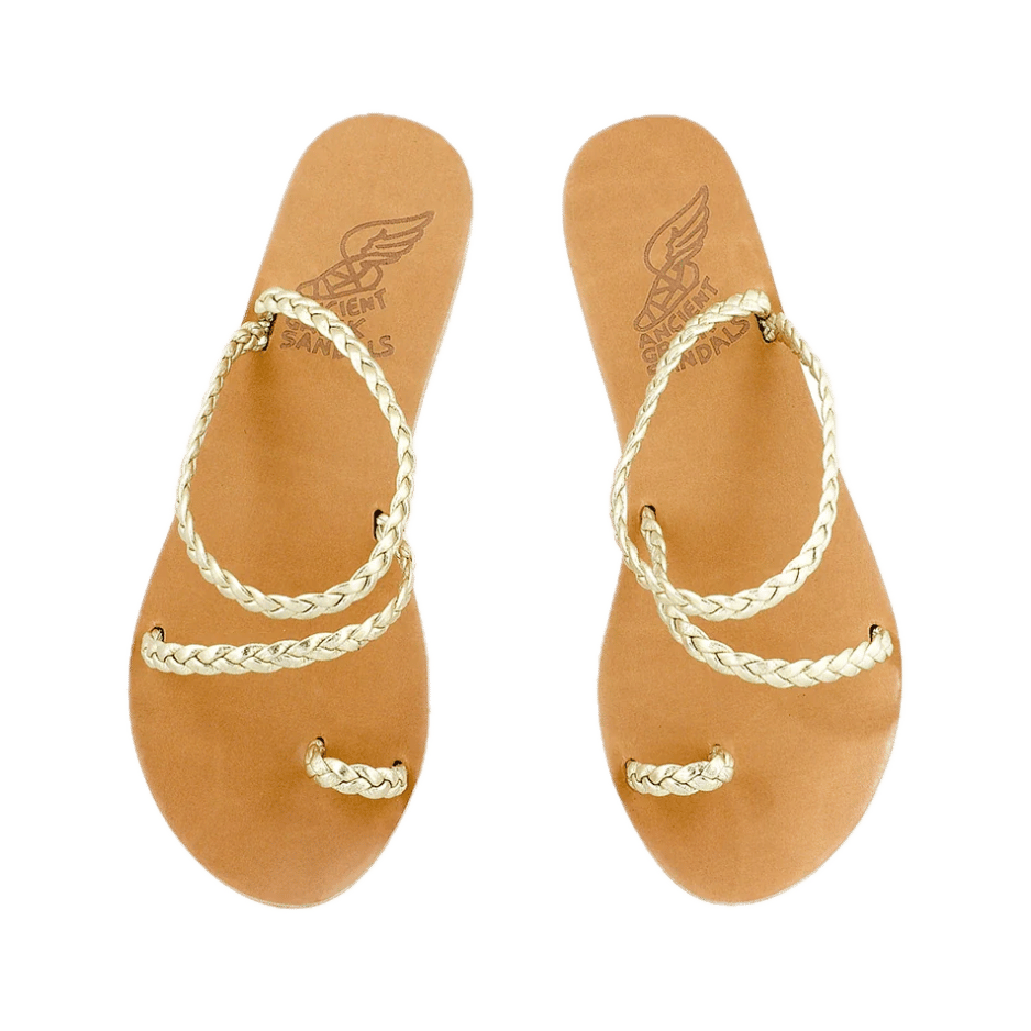 Ancient Greek Sandals flat braided leather thong sandals in gold and cream with tan leather footbed — Greek leather sandals, summer flat sandal, vacation shoe