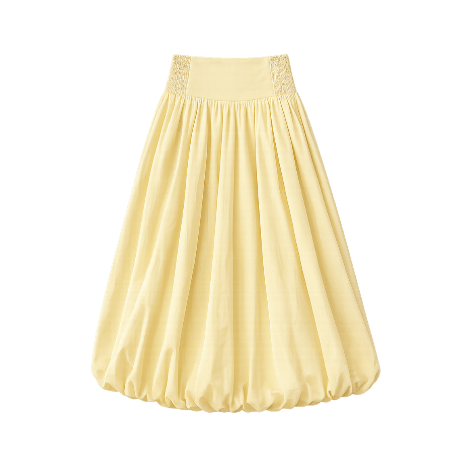 A pale butter-yellow midi skirt with a smocked waistband and voluminous bubble hem. The full, gathered silhouette falls to mid-calf, with soft pleating throughout and a rounded, puffed hemline.