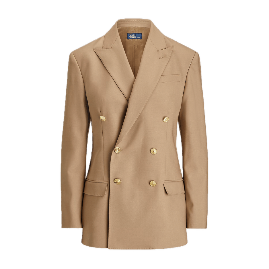 A classic camel double-breasted blazer by Polo Ralph Lauren with gold embossed buttons, sharp notch lapels, fitted waist, and flap pockets. A structured, preppy wardrobe staple.