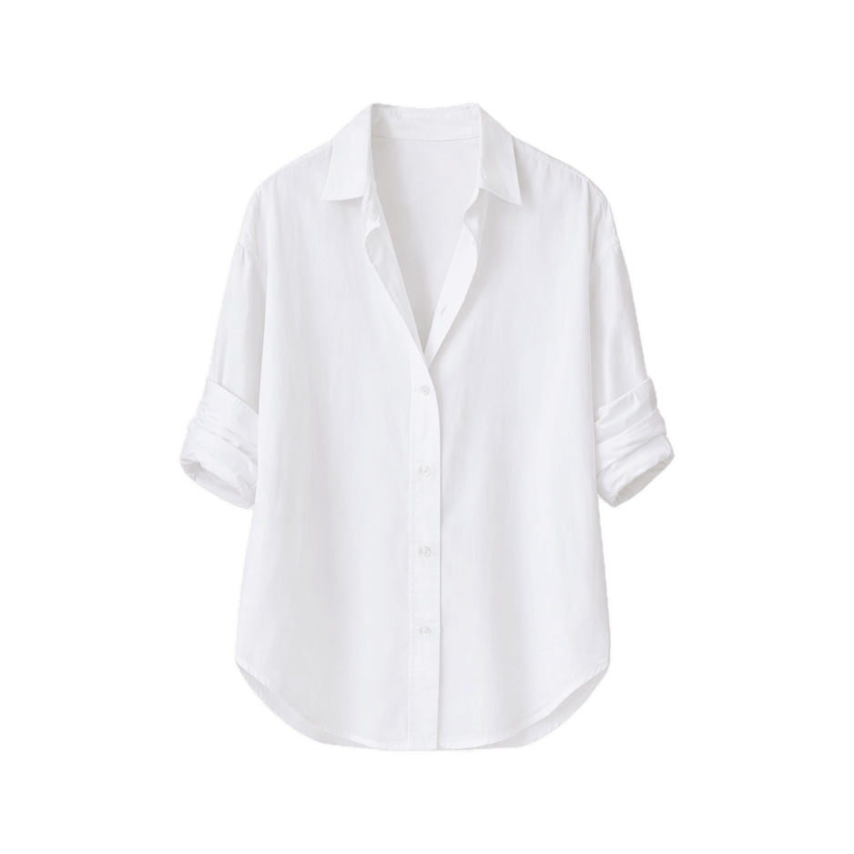 A crisp white button-down shirt with a relaxed fit, point collar, and rolled three-quarter sleeves. Clean and minimal with a curved shirttail hem — a timeless everyday top.