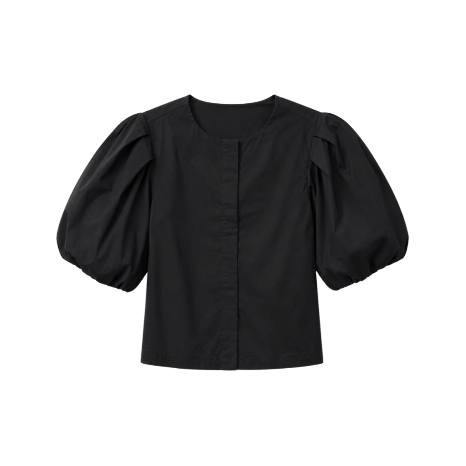 A black puff-sleeve blouse with dramatic balloon sleeves gathered at mid-arm, a round neckline, and a fitted body. Collarless and minimalist with a hidden placket.