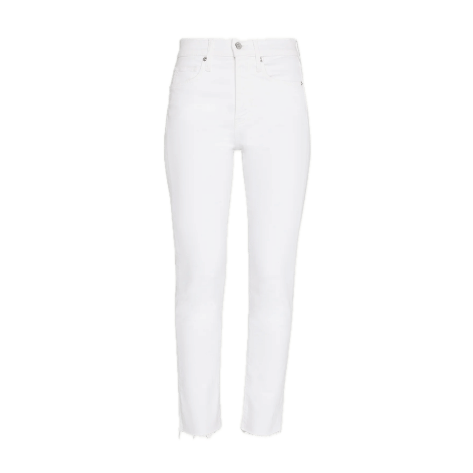 High-waisted white skinny jeans with a five-pocket design and raw, frayed hem. Sleek and elongating with silver hardware.