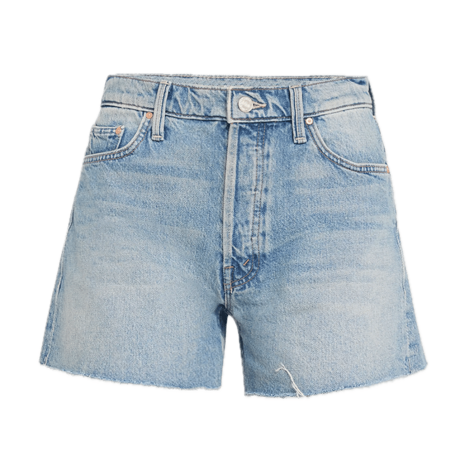 Light-wash, high-rise denim cutoff shorts with a relaxed fit, raw frayed hem, and classic five-pocket construction. Slightly distressed for an effortlessly casual summer look.