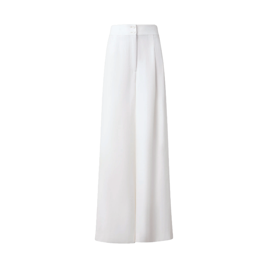 Elegant wide-leg white trousers with a high waist, clean front pleat, and floor-grazing length. Minimalist button closure at the waistband. A refined, tailored silhouette.
