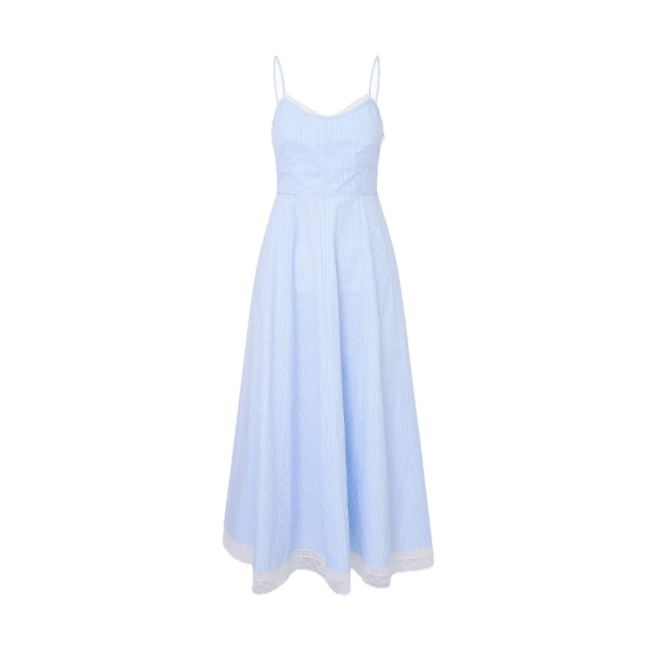 A romantic light blue and white pinstripe maxi dress with spaghetti straps, a sweetheart neckline, fitted smocked bodice, and a flowy A-line skirt trimmed with white lace at the hem.