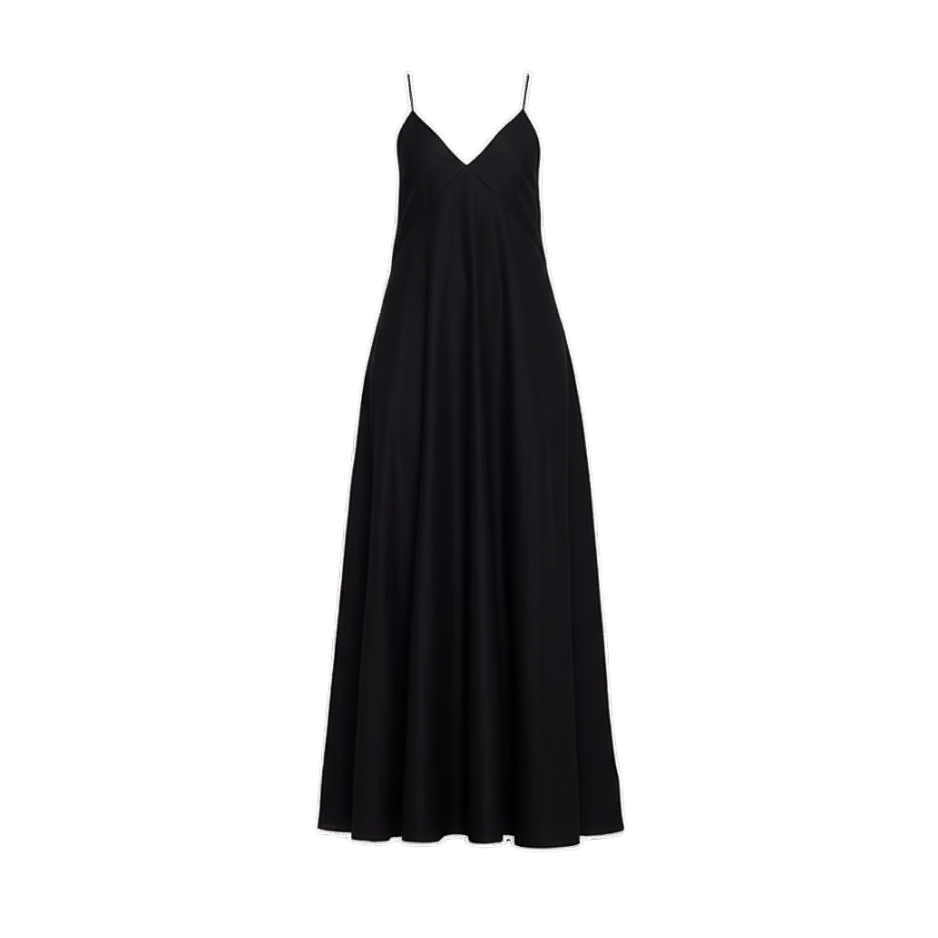 A sleek black maxi slip dress with thin spaghetti straps, a V-neckline, and white contrast piping along the neckline and hem. Minimalist and elevated with a fluid, A-line silhouette.