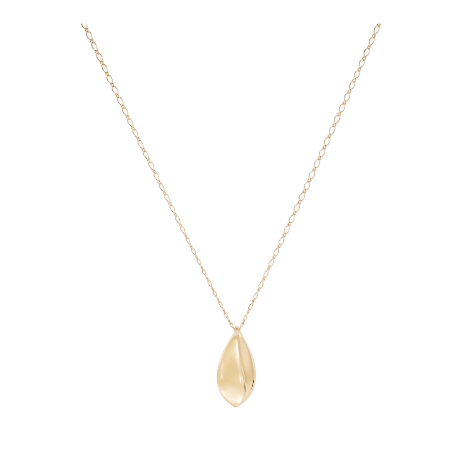 A delicate gold pendant necklace featuring a polished, sculptural teardrop-shaped leaf pendant on a dainty oval-link gold chain.