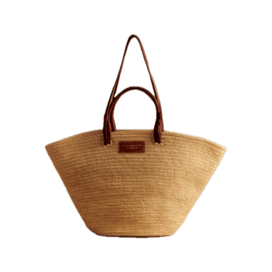 Sézane large woven raffia market basket tote bag with dark brown leather handles and branded label — French market basket bag, summer straw tote, Sézane raffia bag