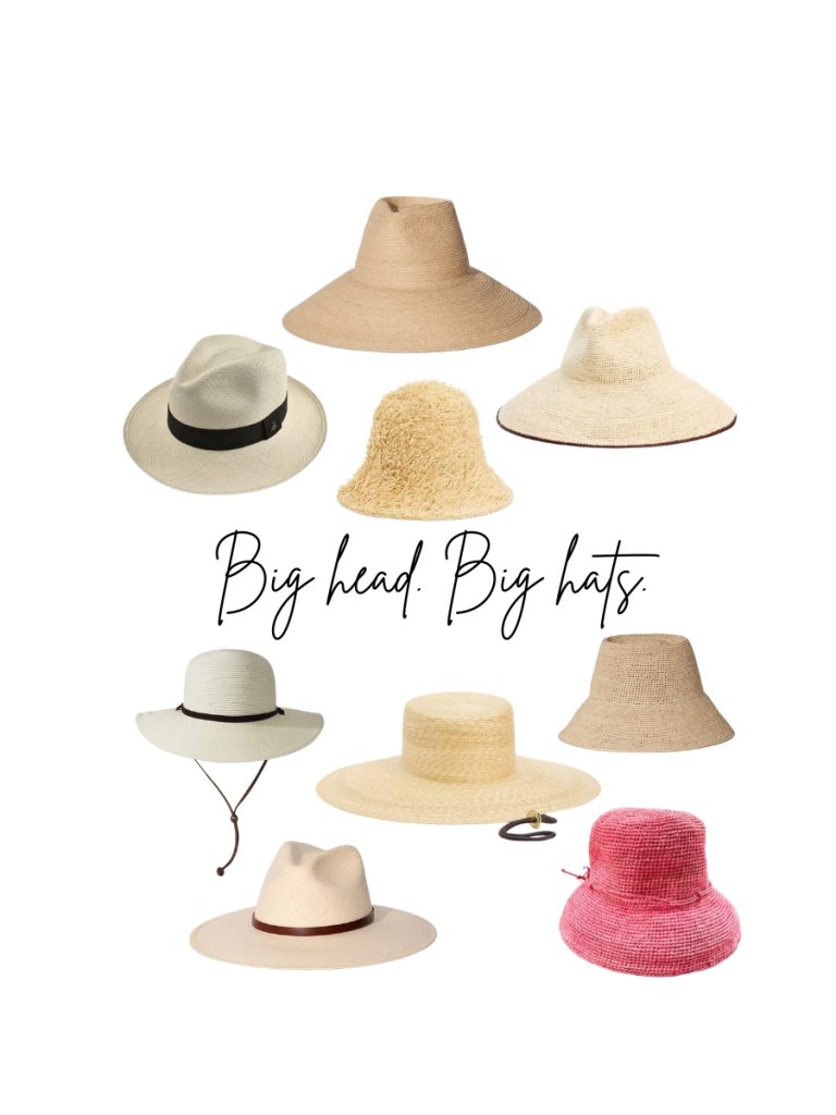 A fashion collage titled "Big Head. Big Hats." featuring nine oversized and wide brim hats for women, including a tan structured sun hat, a white panama hat with black band, a fringe raffia bucket hat, a cream wide brim hat with brown trim, a white packable sun hat with chin strap, a natural flat-brim straw hat, a taupe crochet bucket hat, a tan fedora with leather band, and a pink raffia bucket hat.