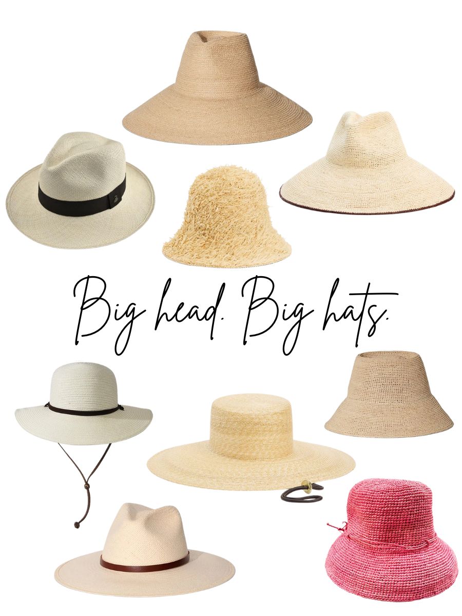 A fashion collage titled "Big Head. Big Hats." featuring nine oversized and wide brim hats for women, including a tan structured sun hat, a white panama hat with black band, a fringe raffia bucket hat, a cream wide brim hat with brown trim, a white packable sun hat with chin strap, a natural flat-brim straw hat, a taupe crochet bucket hat, a tan fedora with leather band, and a pink raffia bucket hat.