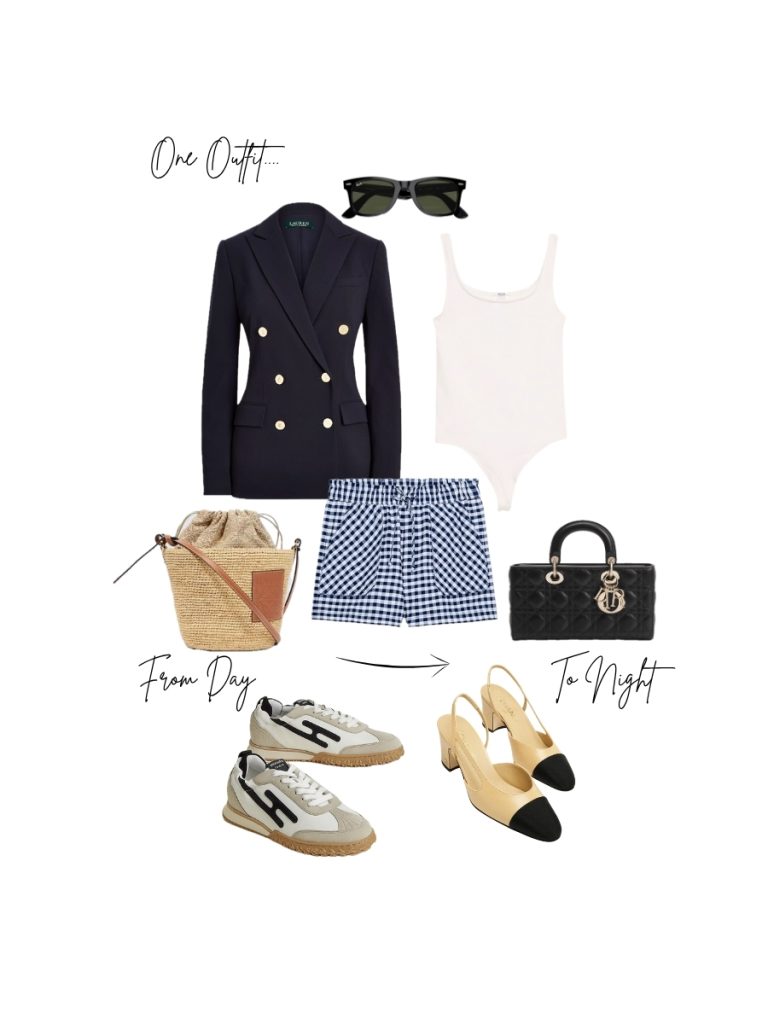 A day-to-night outfit collage featuring navy gingham shorts styled two ways: daytime with a Lauren Ralph Lauren double-breasted blazer, white bodysuit, Ray-Ban sunglasses, Loewe raffia bucket bag, and Hogan sneakers; evening with the same base outfit swapped to Chanel cap-toe slingback heels and a black Lady Dior bag.