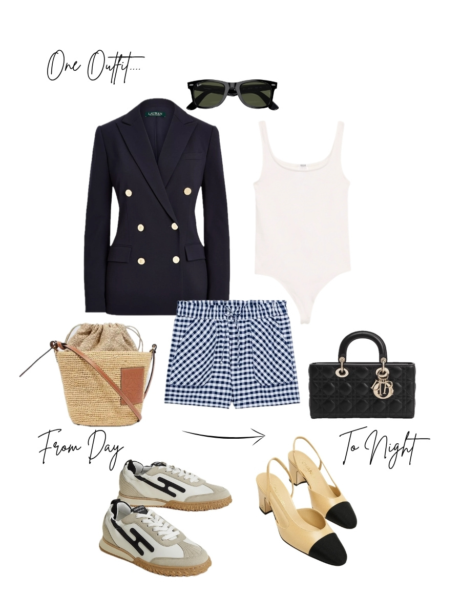 A day-to-night outfit collage featuring navy gingham shorts styled two ways: daytime with a Lauren Ralph Lauren double-breasted blazer, white bodysuit, Ray-Ban sunglasses, Loewe raffia bucket bag, and Hogan sneakers; evening with the same base outfit swapped to Chanel cap-toe slingback heels and a black Lady Dior bag.