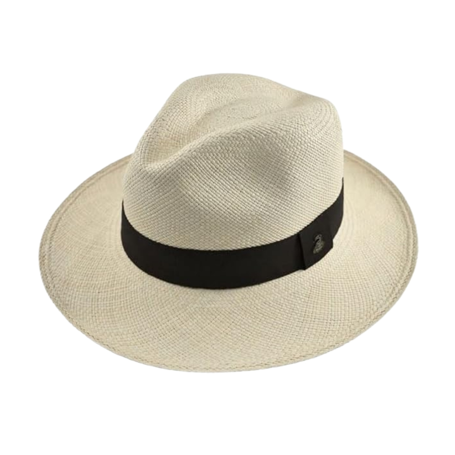 A classic ivory panama hat with a tightly woven toquilla straw body, a medium brim, and a pinched fedora crown. A wide black grosgrain band with a small metal logo pin adds a polished finishing touch.