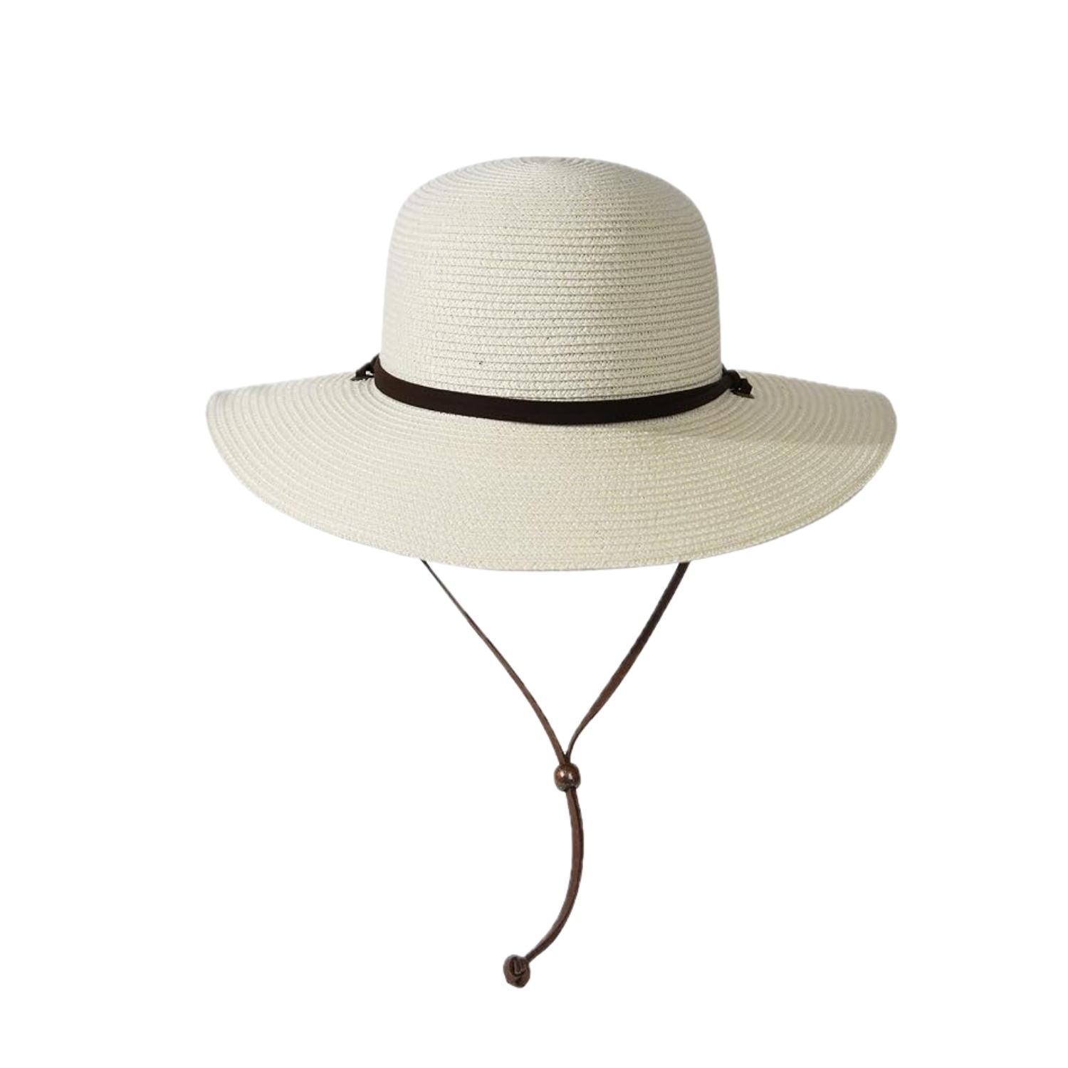A cream braided straw wide-brim sun hat with a rounded dome crown and a dark brown ribbon hatband. A long adjustable brown leather chin cord with a wooden toggle bead hangs below for a secure, windproof fit.