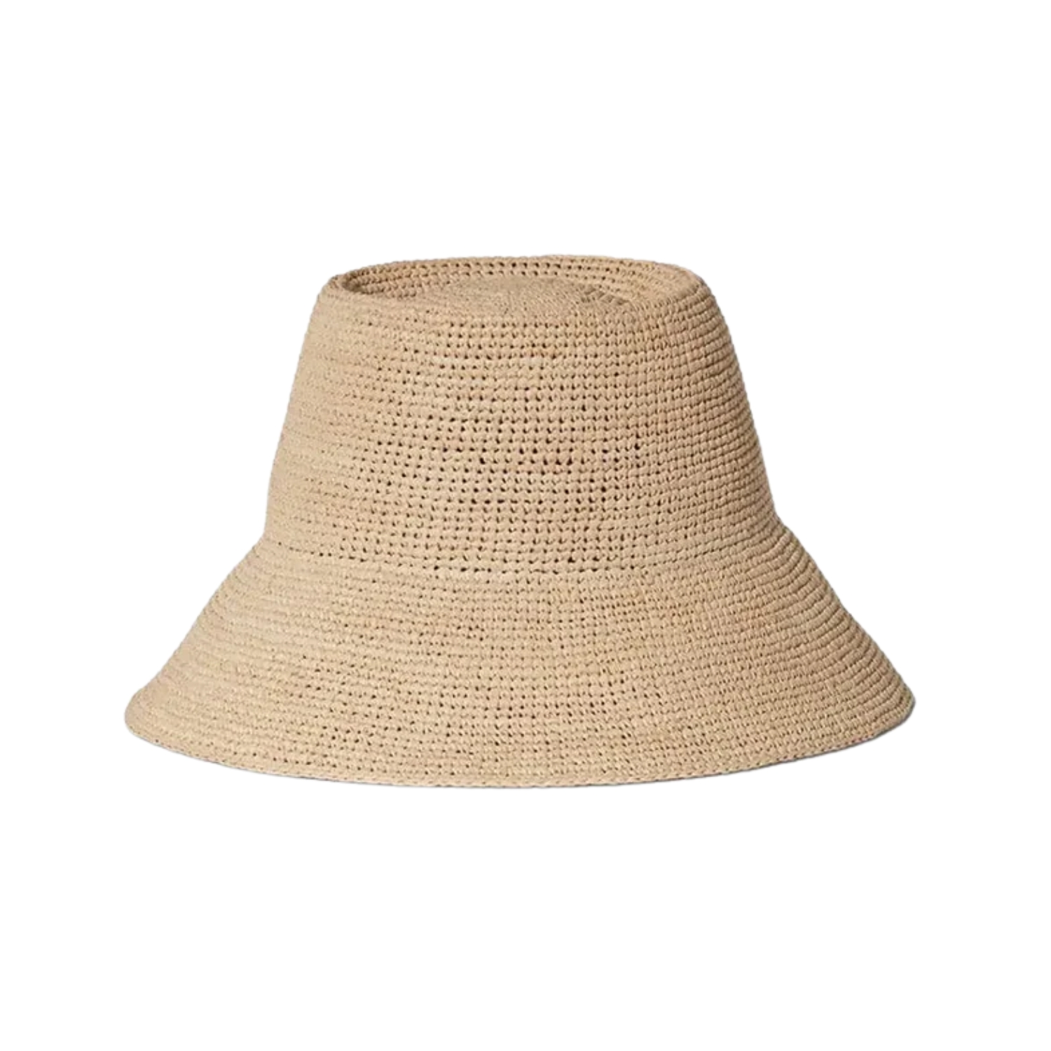 A natural tan crochet raffia bucket hat with an open-weave texture and a relaxed, slightly flared brim. The unadorned, minimalist silhouette gives it an effortlessly elevated resort feel.