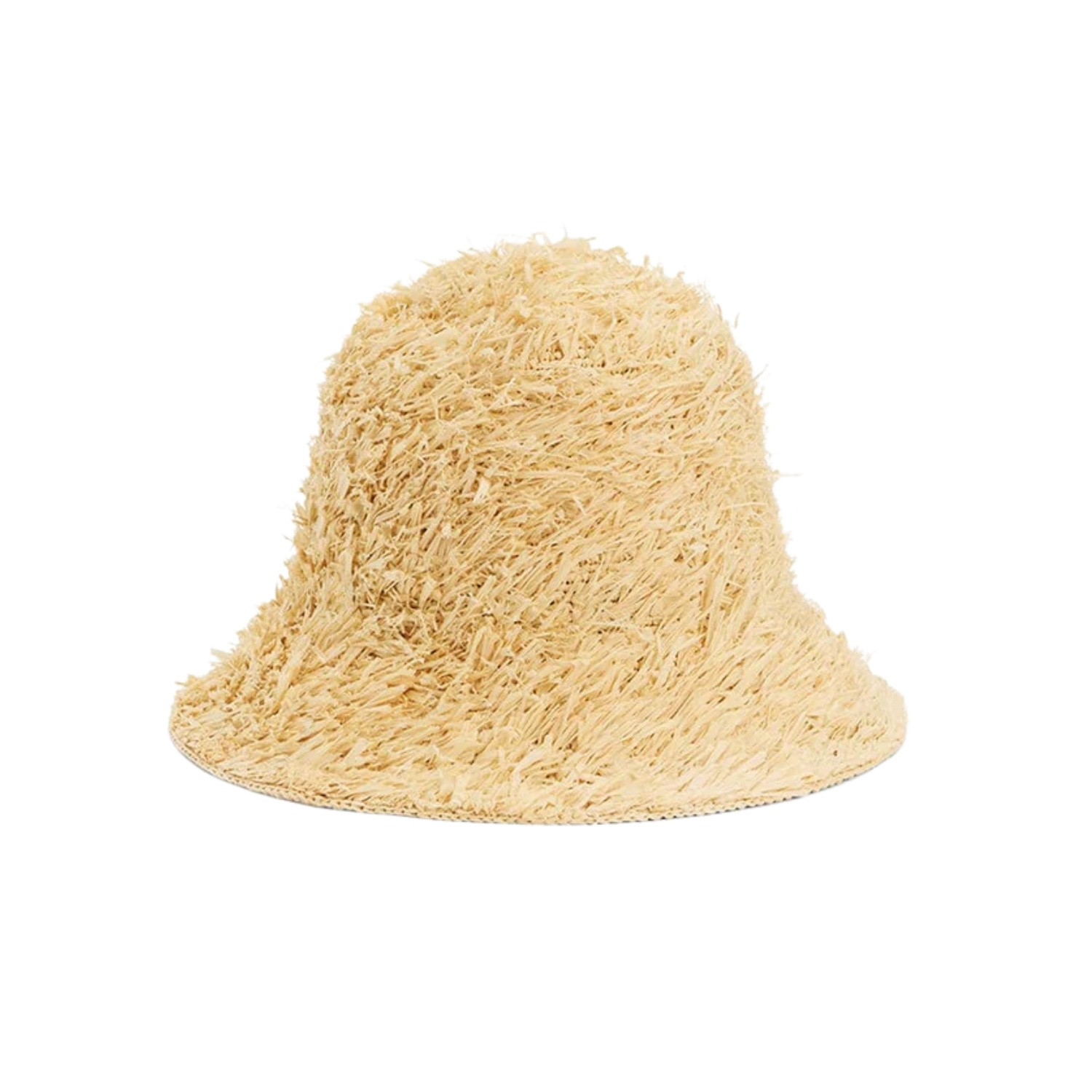 A natural raffia bucket hat with a dramatically shaggy, fringe-like texture created by loose, unfinished raffia fibers. The tousled, freeform surface gives it a playful, sculptural quality with a wide, flared brim.