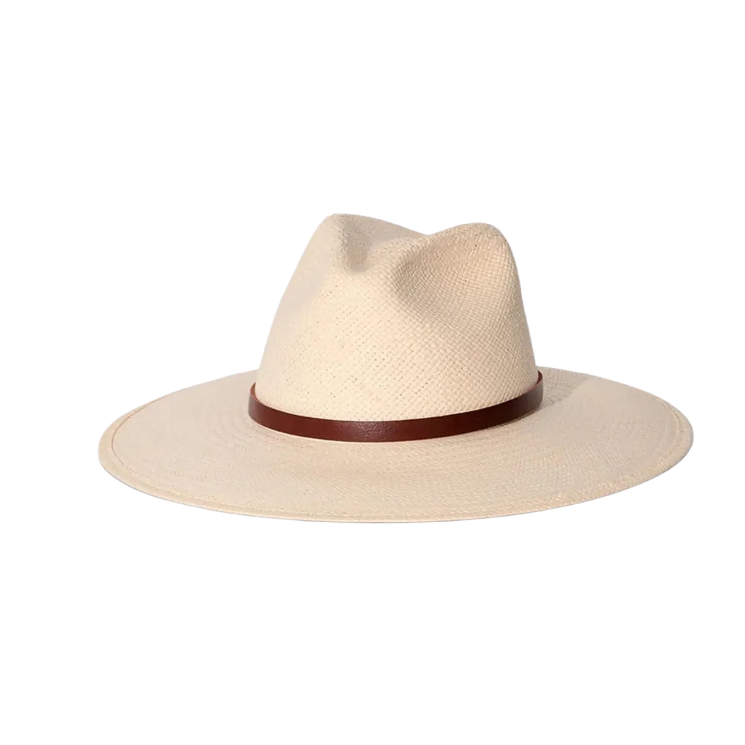 A structured natural straw wide-brim fedora with a tall, pinched crown and a slim cognac leather band. The flat, stiff brim and clean lines give this hat a chic, polished feel.