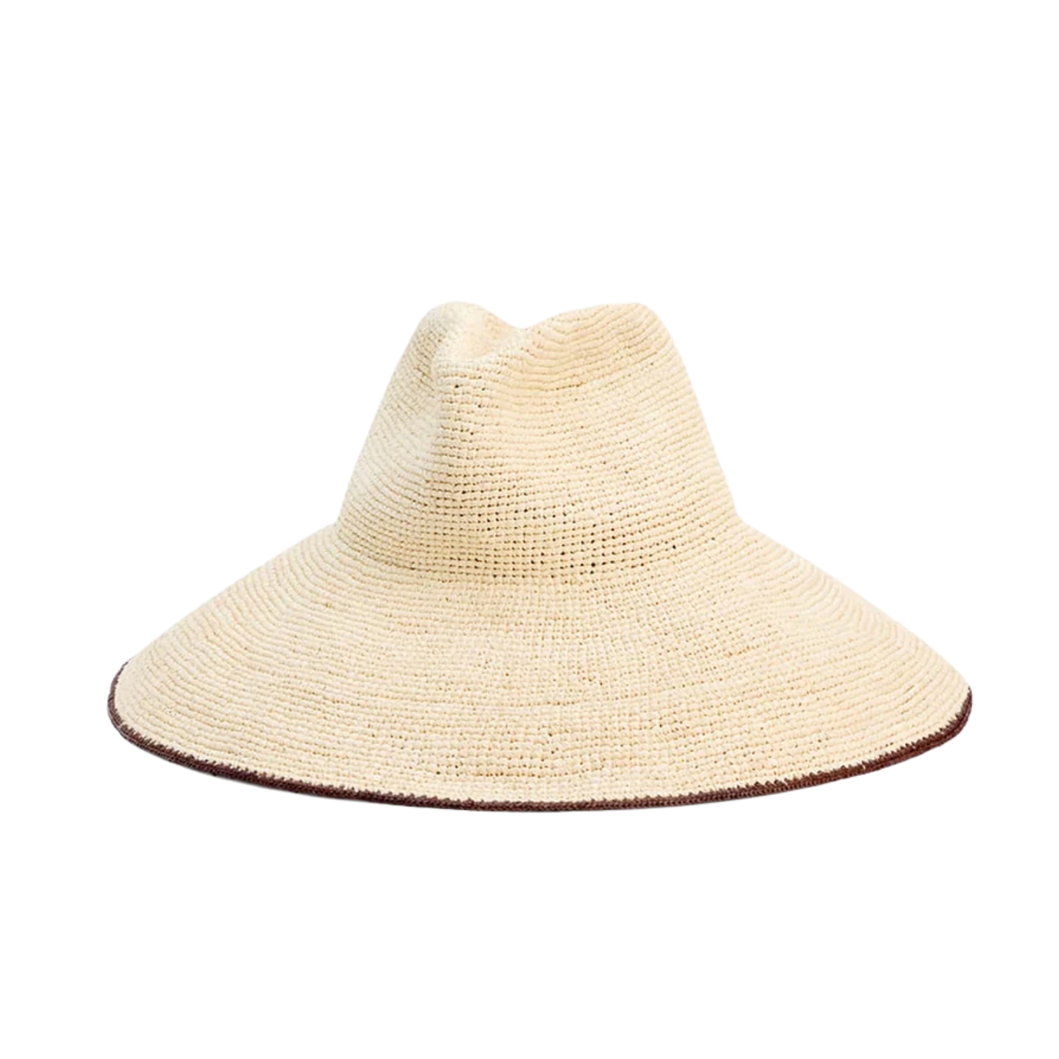 A natural ivory crochet raffia hat with a wide, gently sloping brim and an open, pinched crown with no defined top. A subtle dark brown trim lines the brim edge. The airy, open-weave construction and sculptural shape give it a luxurious, artisanal quality.