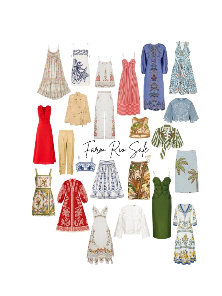 Collage of colorful Farm Rio sale finds featuring printed and embroidered dresses, matching sets, skirts, tops, pants and summer separates.