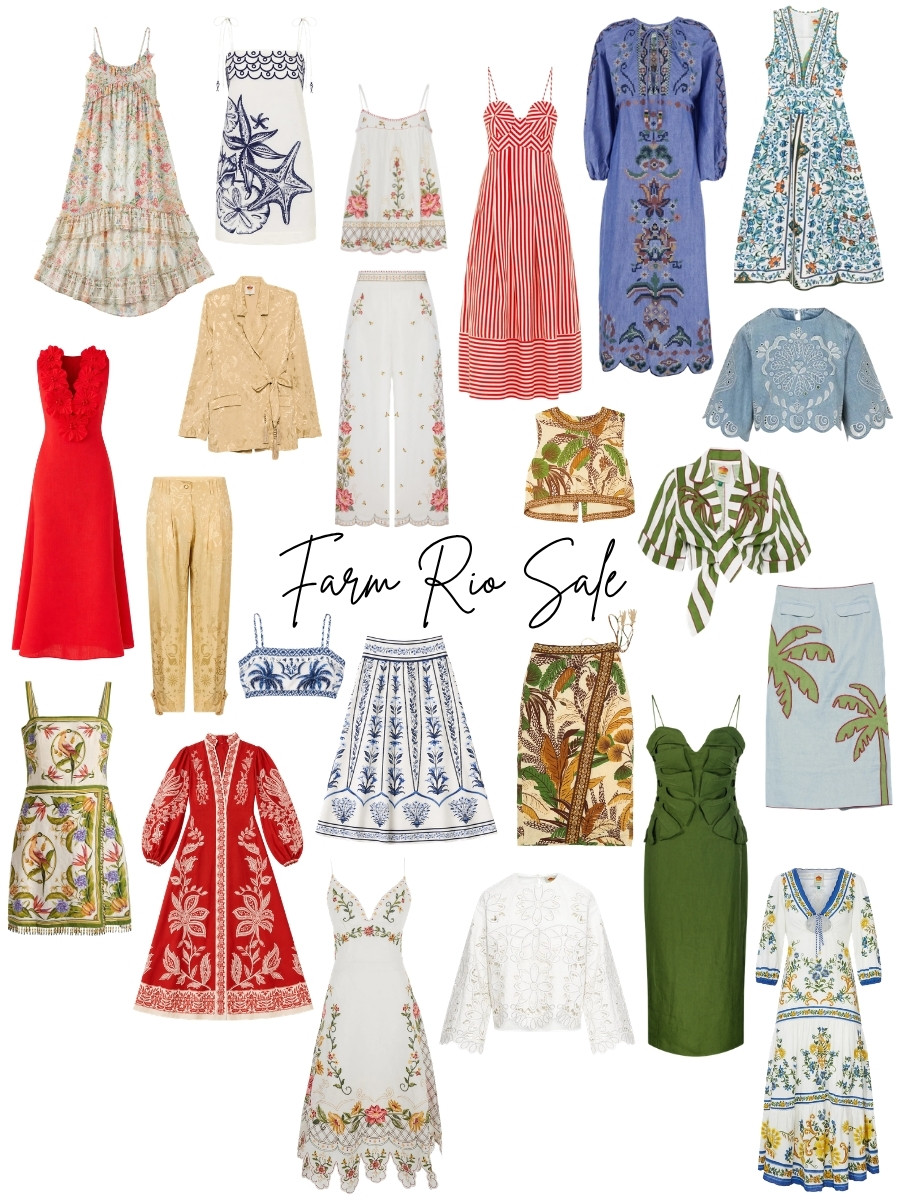 Collage of colorful Farm Rio sale finds featuring printed and embroidered dresses, matching sets, skirts, tops, pants and summer separates.
