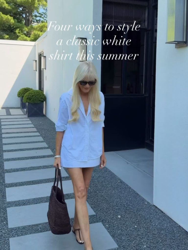 Mary Murnane shows 4 ways to style a white shirt this summer in a 10 second video showing each different variation.