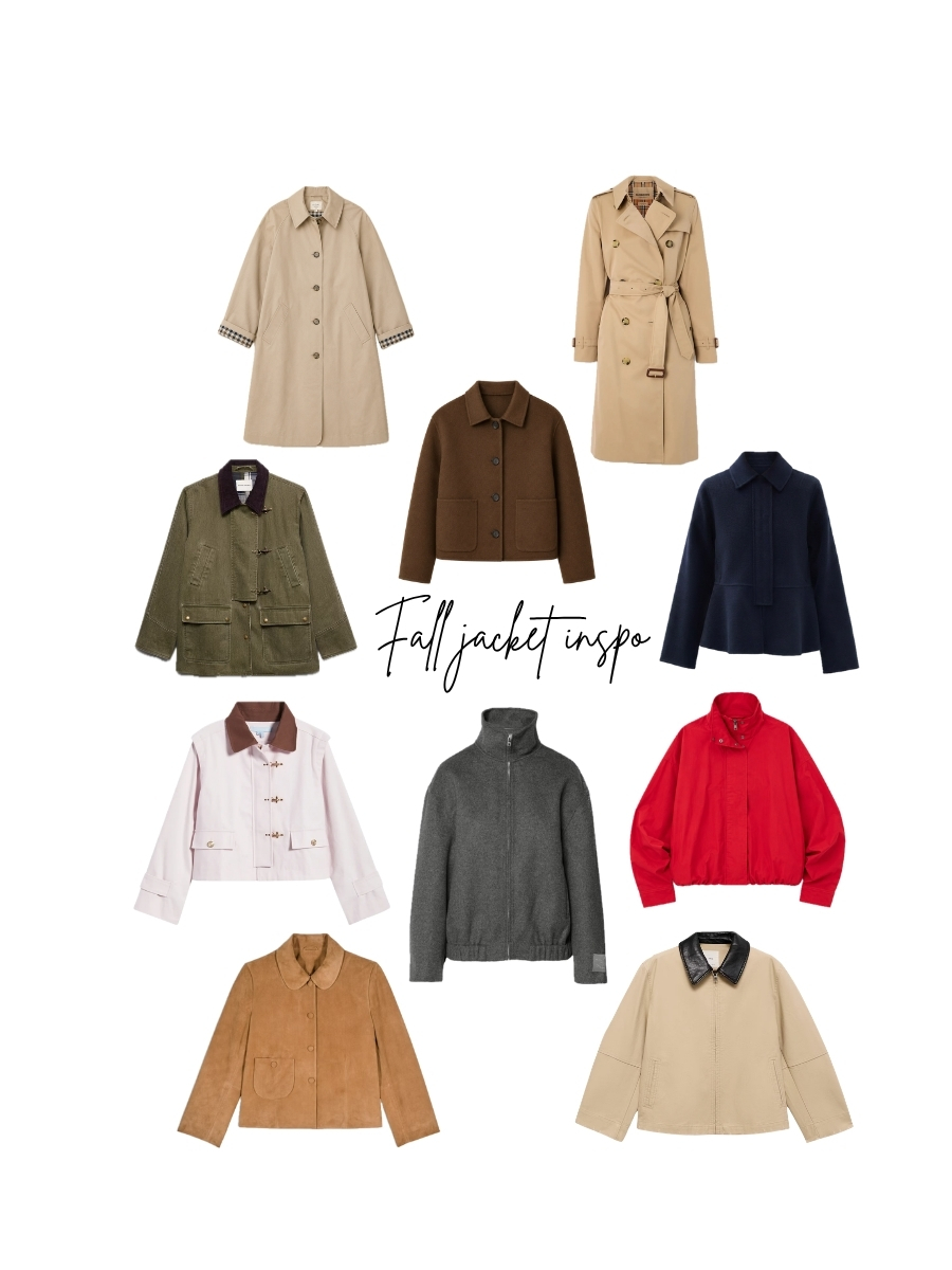 A fashion collage titled "Fall Jacket Inspo" featuring ten chic jackets for autumn.