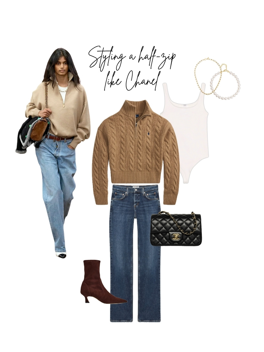 Fashion collage of an outfit idea inspired by Chanel's Pre-fall 2026 runway fashion show. Half-zip @ralphlauren Jeans @agolde Bodysuit @wolford Boots @stuartweitzman Bag @chanelofficial