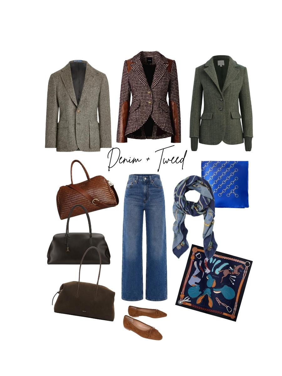 A fashion collage titled "Denim & Tweed" featuring outfit inspo using one pair of Levi's jeans, A. Soliani Flats, 3 Tweed Blazer options, 3 Bowler Bag options, and 3 silk scarf options.