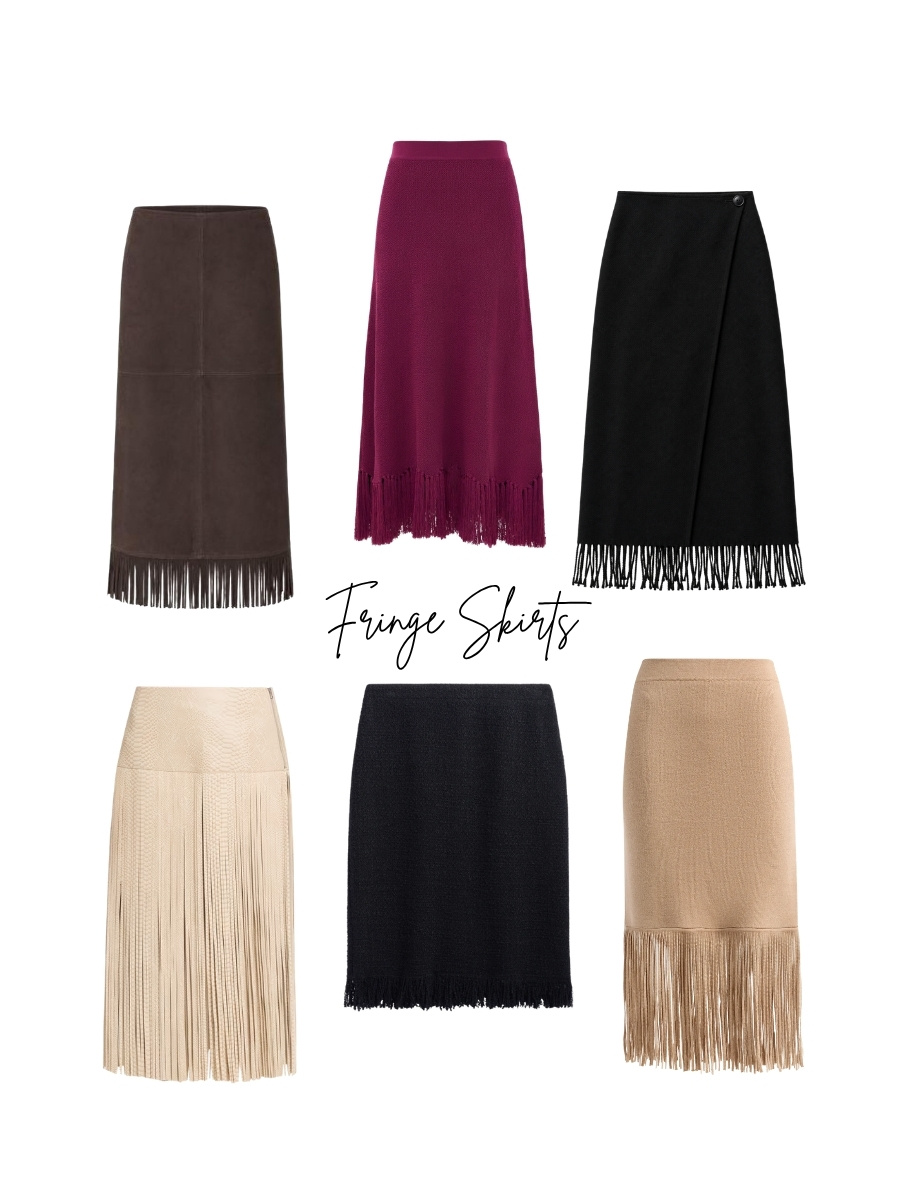 Six fringe skirts arranged on a white background: a brown paneled midi skirt, burgundy knit skirt, black wrap skirt, cream long-fringe skirt, black short skirt and beige fringe skirt. Center text reads “Fringe Skirts.”