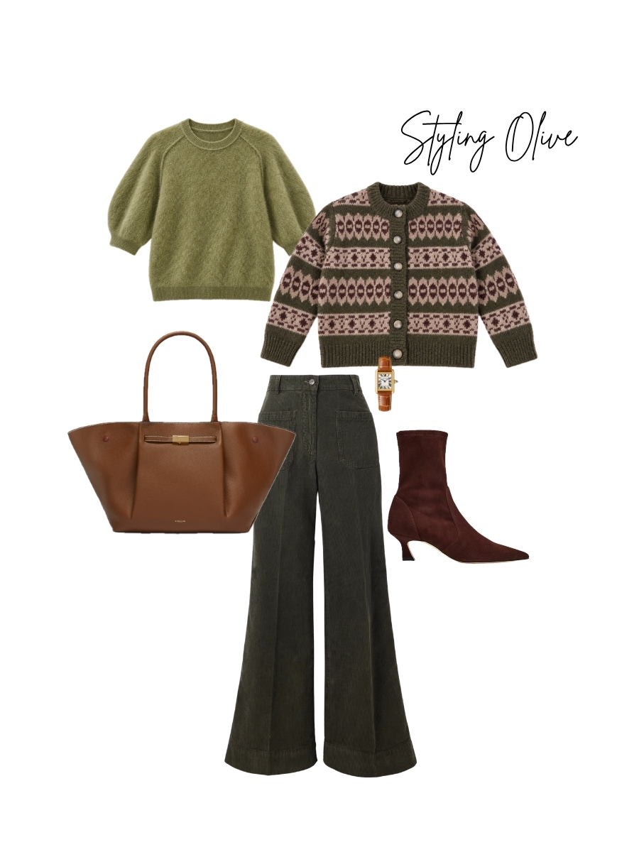 A fashion collage titled "Styling Olive" featuring sweaters from Pilcro by Anthropologie & Sezane, Victoria Beckham Trousers, a DeMellier London Bag, and Stuart Weitzman Booties.