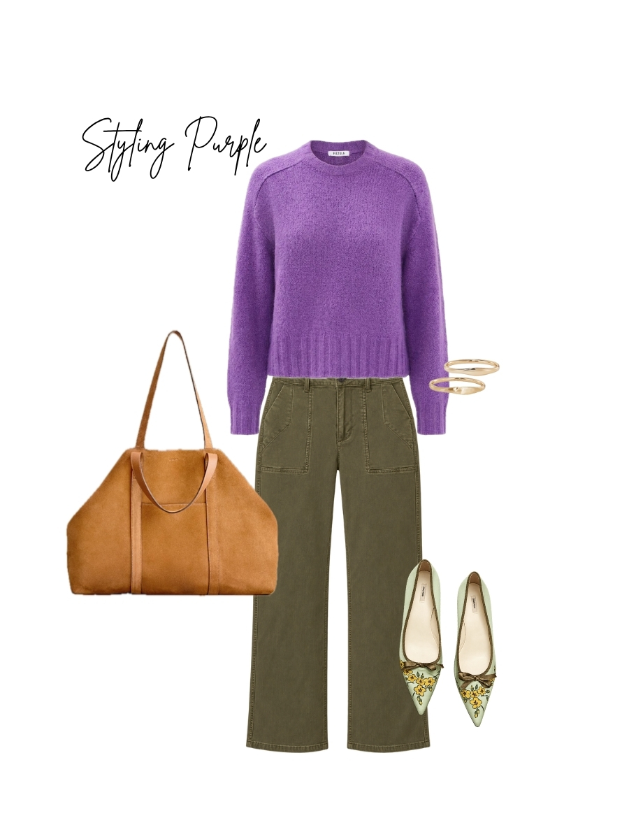 Fashion collage of a fall outfit including a purple Pistola sweater, Kut from the Kloth pants, vintage Miu Miu kitten heels, and a sezane bag